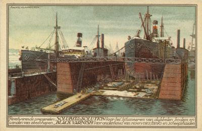 603219 Afbeelding van de onderhoudswerkzaamheden aan een schip in een droogdok met producten van de N.V. Utrechtsche ...